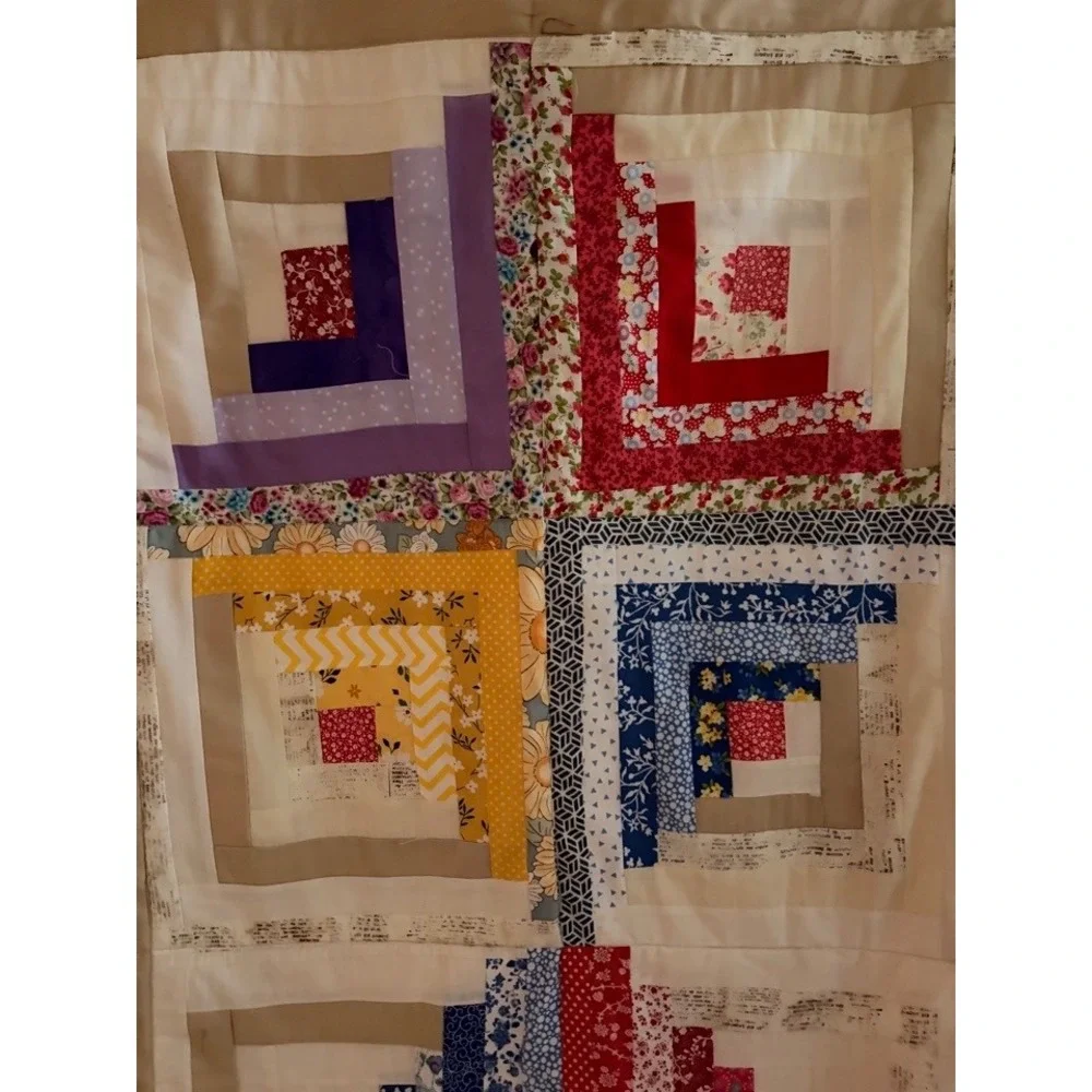 Handmade Log Cabin Patchwork Quilt Multi-Color Cotton Lap Throw 51 x 34
